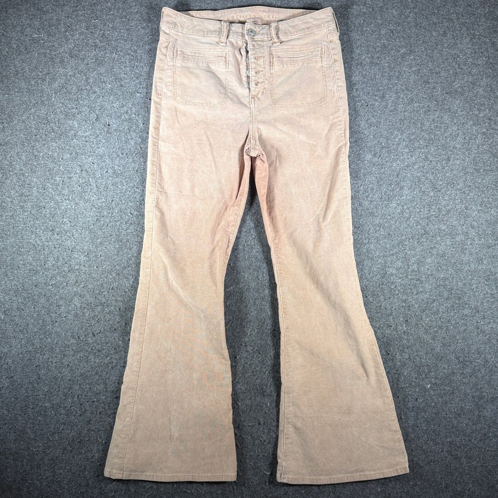 American Eagle Super Hi-Rise Flare Corduroy Pants Tan Beige Button Fly Size 10